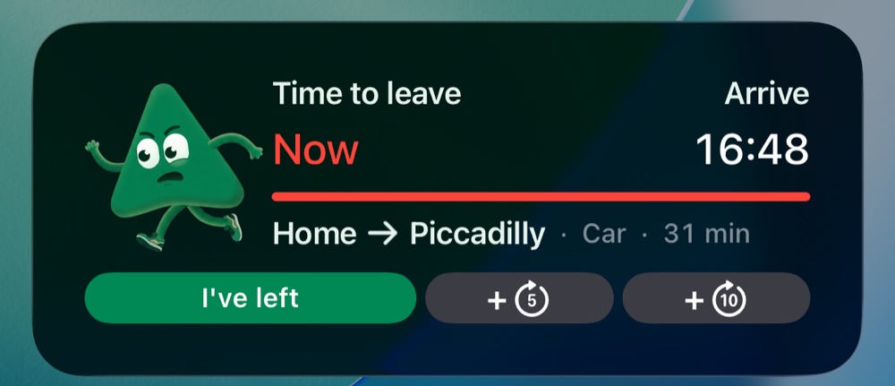 ExitTime trip card: time to leave now, arrive 16:48, with I've left, +5 and +10 buttons.